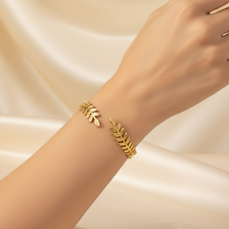 Gold Stainless Steel Leaf Themed Cuff Bracelet