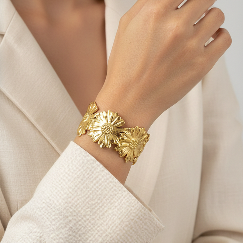 Gold Stainless Steel Floral Themed Cuff Bracelet