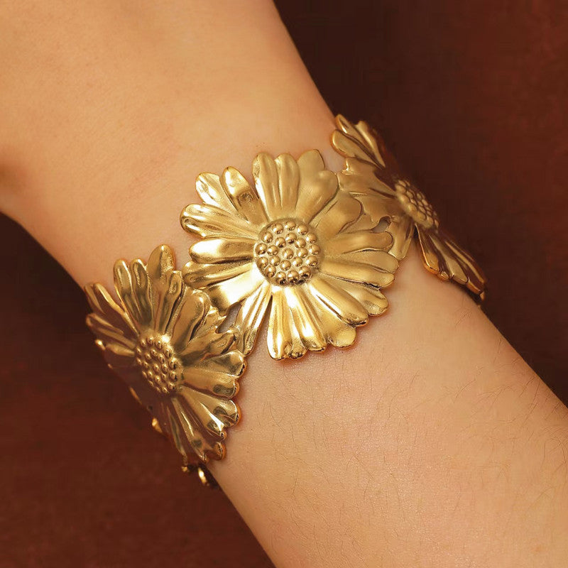 Gold Stainless Steel Floral Themed Cuff Bracelet