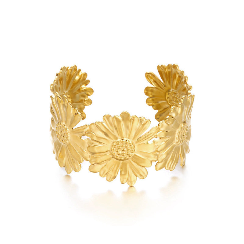 Gold Stainless Steel Floral Themed Cuff Bracelet