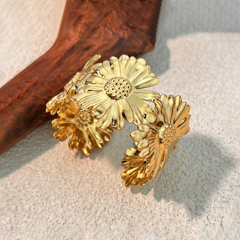 Gold Stainless Steel Floral Themed Cuff Bracelet