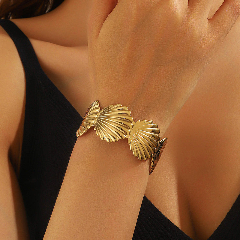 Gold Stainless Steel Shell Themed Cuff Bracelet