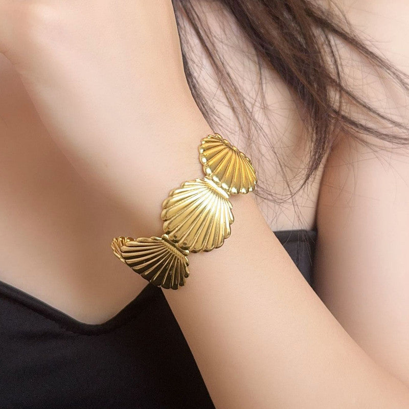 Gold Stainless Steel Shell Themed Cuff Bracelet
