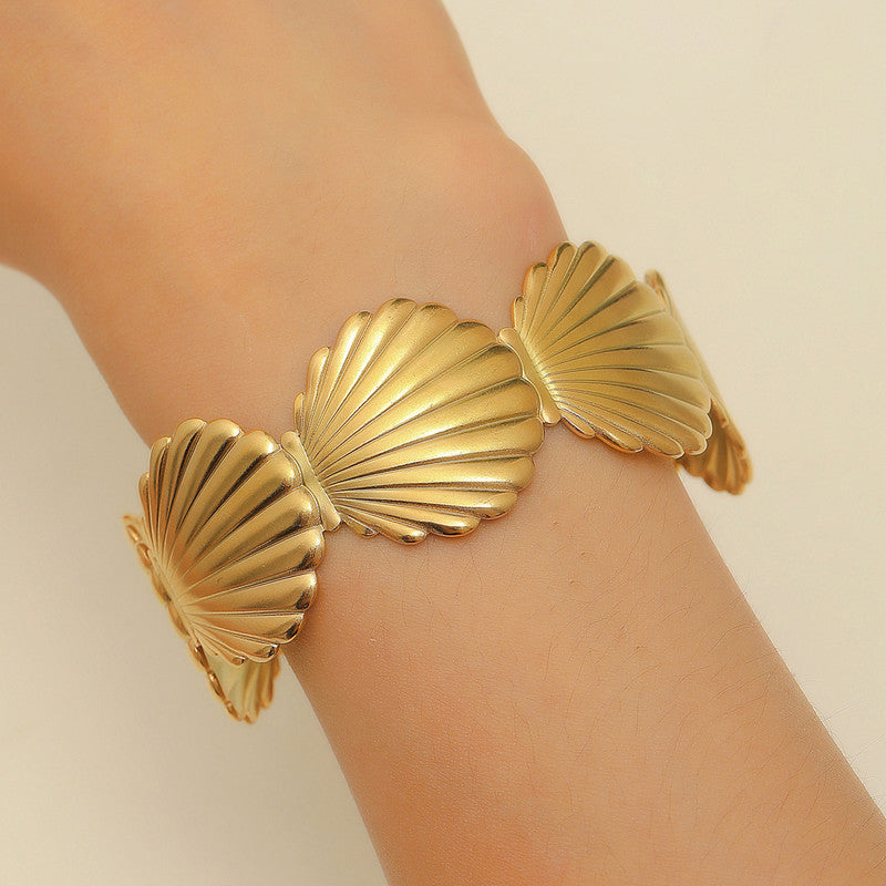 Gold Stainless Steel Shell Themed Cuff Bracelet