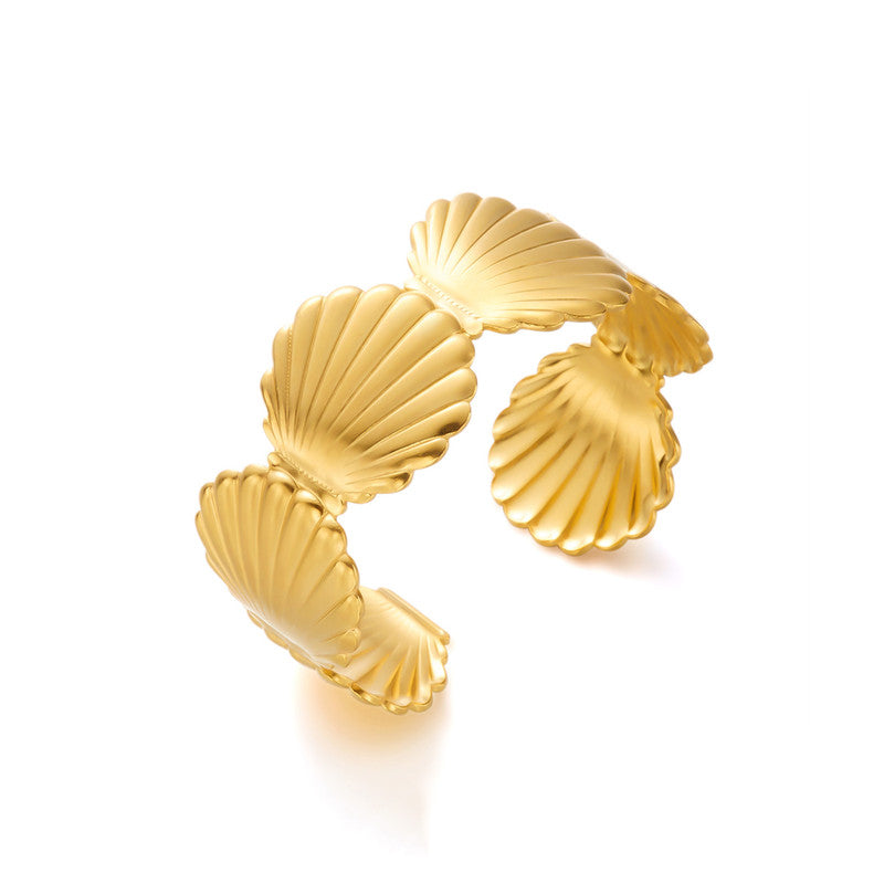 Gold Stainless Steel Shell Themed Cuff Bracelet