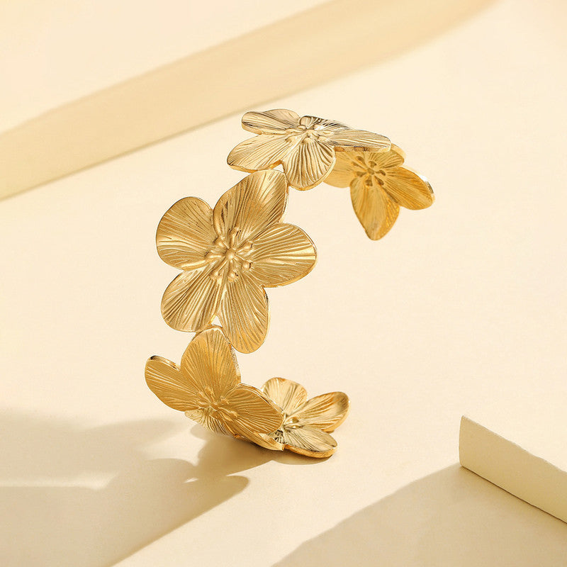 Gold Stainless Steel Floral Themed Cuff Bracelet