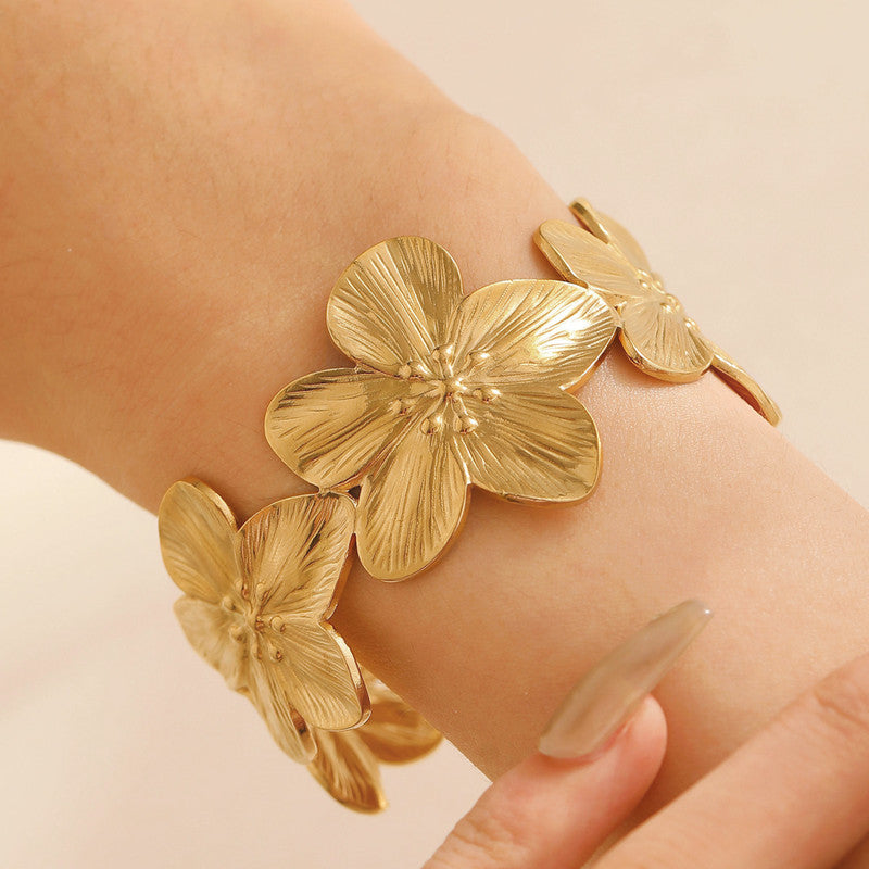 Gold Stainless Steel Floral Themed Cuff Bracelet