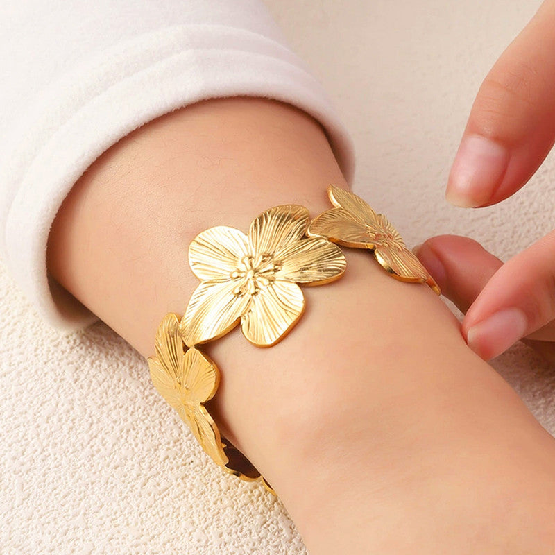 Gold Stainless Steel Floral Themed Cuff Bracelet