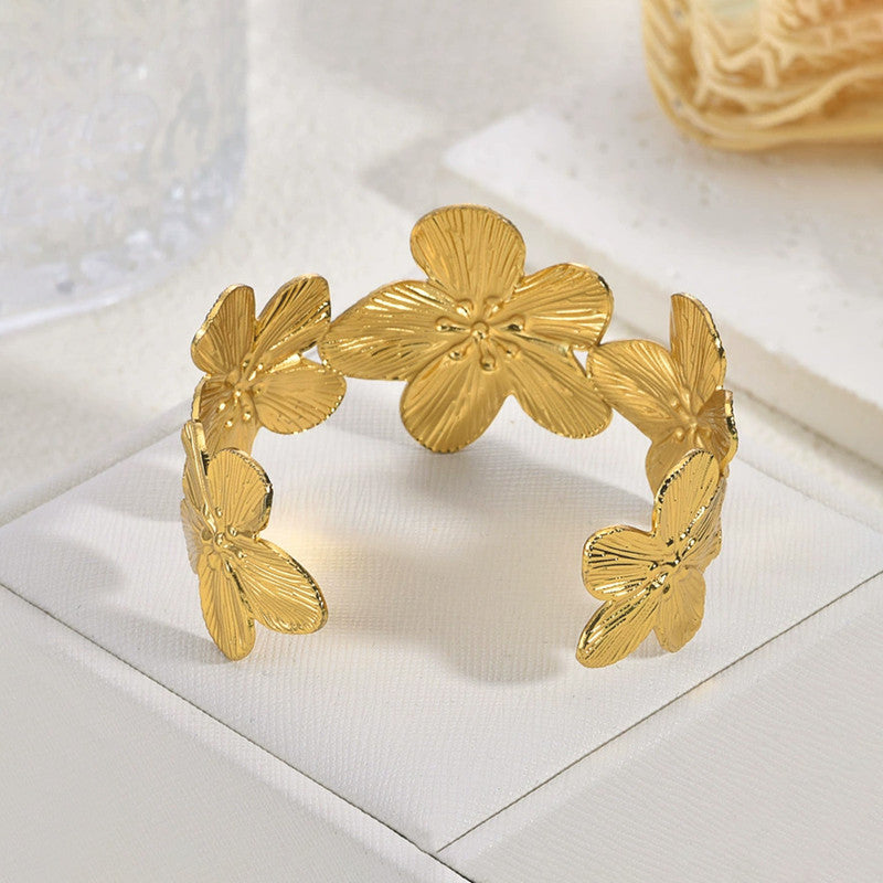 Gold Stainless Steel Floral Themed Cuff Bracelet