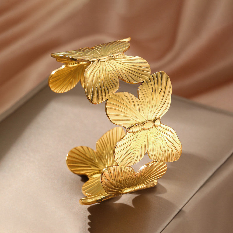 Gold Stainless Steel Butterfly Themed Cuff Bracelet