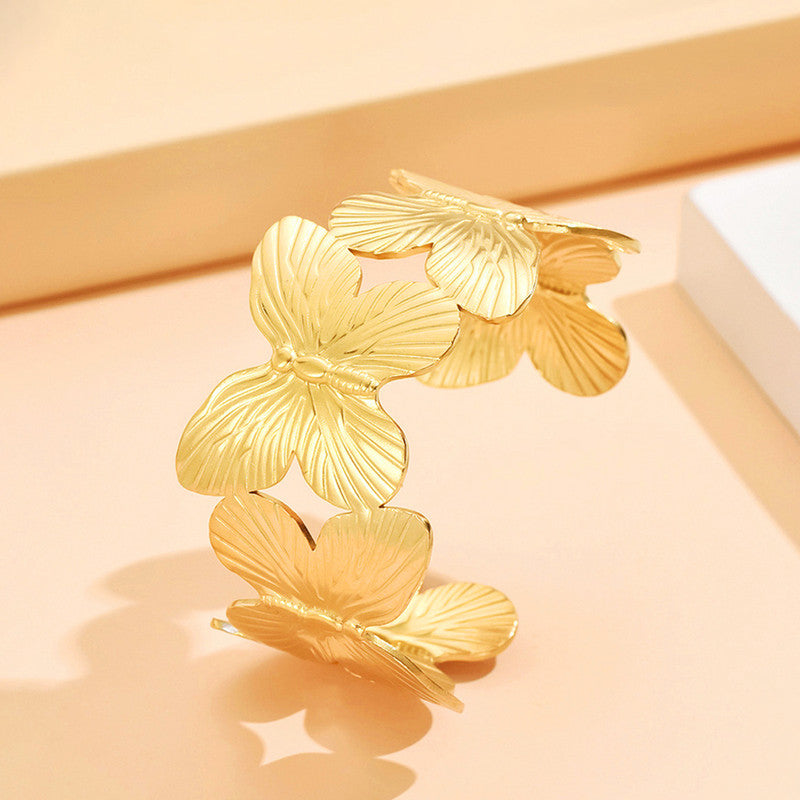 Gold Stainless Steel Butterfly Themed Cuff Bracelet