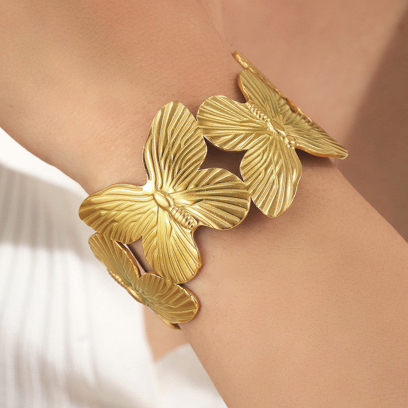 Gold Stainless Steel Butterfly Themed Cuff Bracelet
