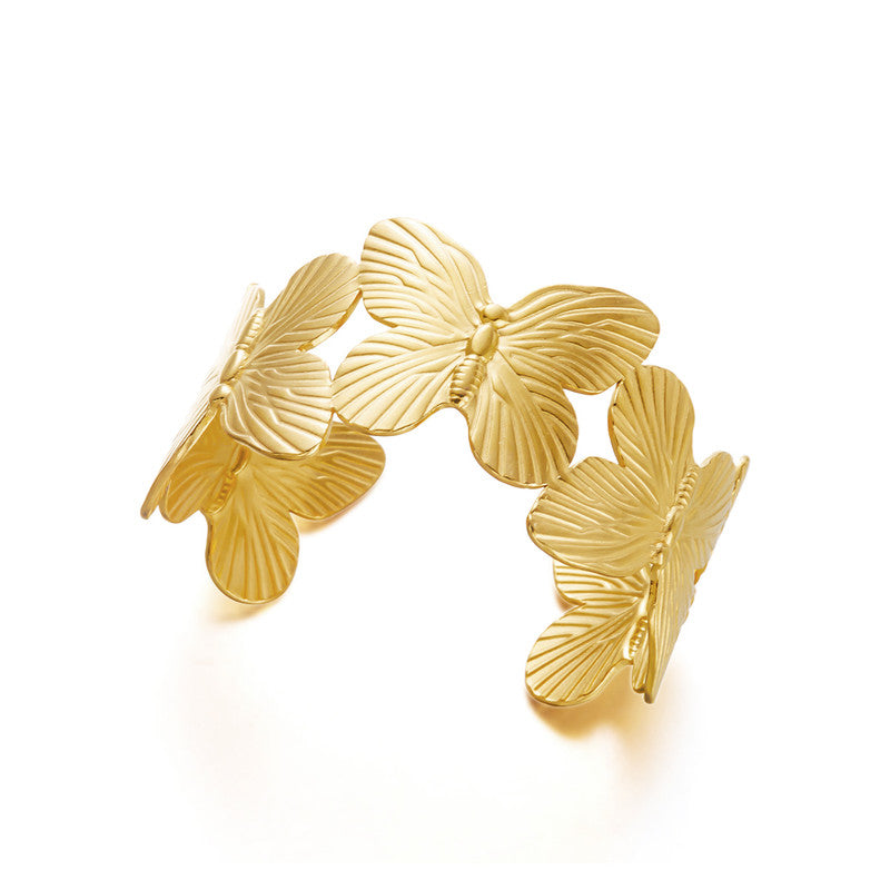 Gold Stainless Steel Butterfly Themed Cuff Bracelet