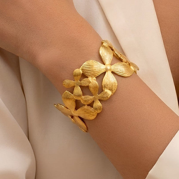 Gold Stainless Steel Floral Themed Cuff Bracelet