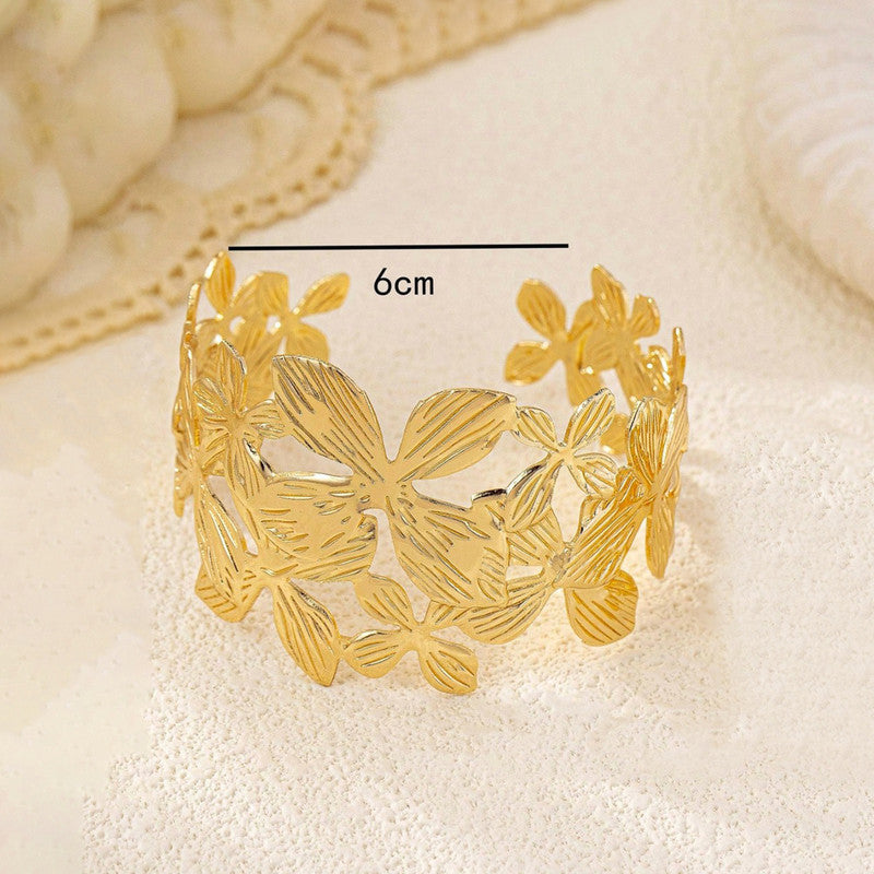 Gold Stainless Steel Floral Themed Cuff Bracelet