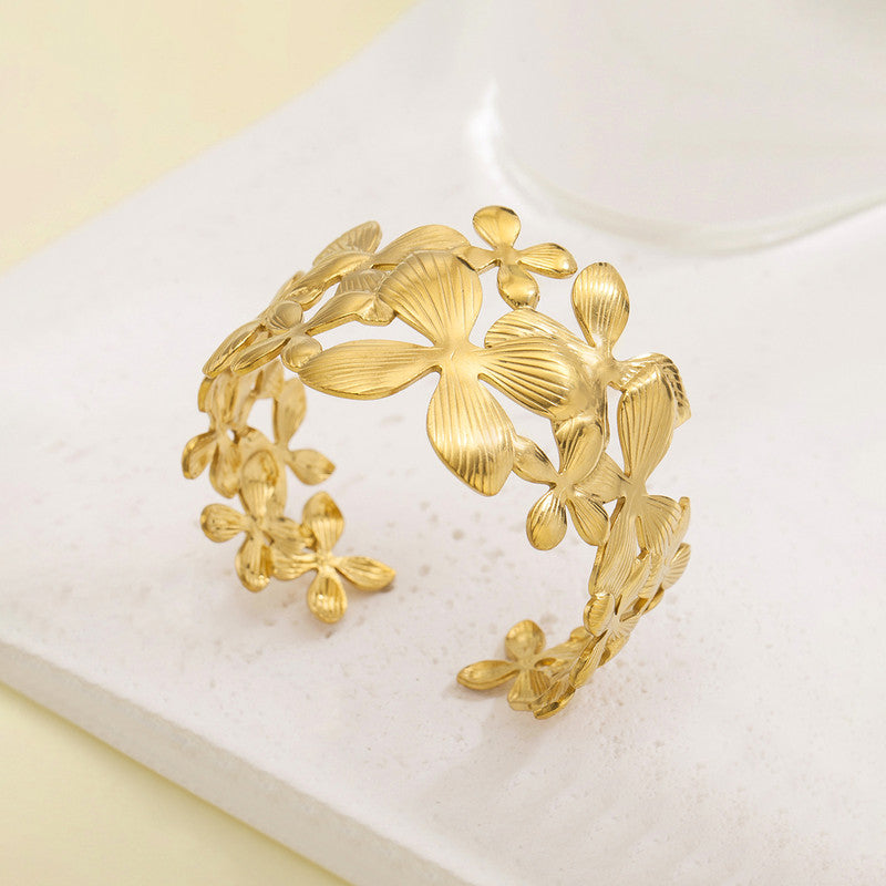 Gold Stainless Steel Floral Themed Cuff Bracelet