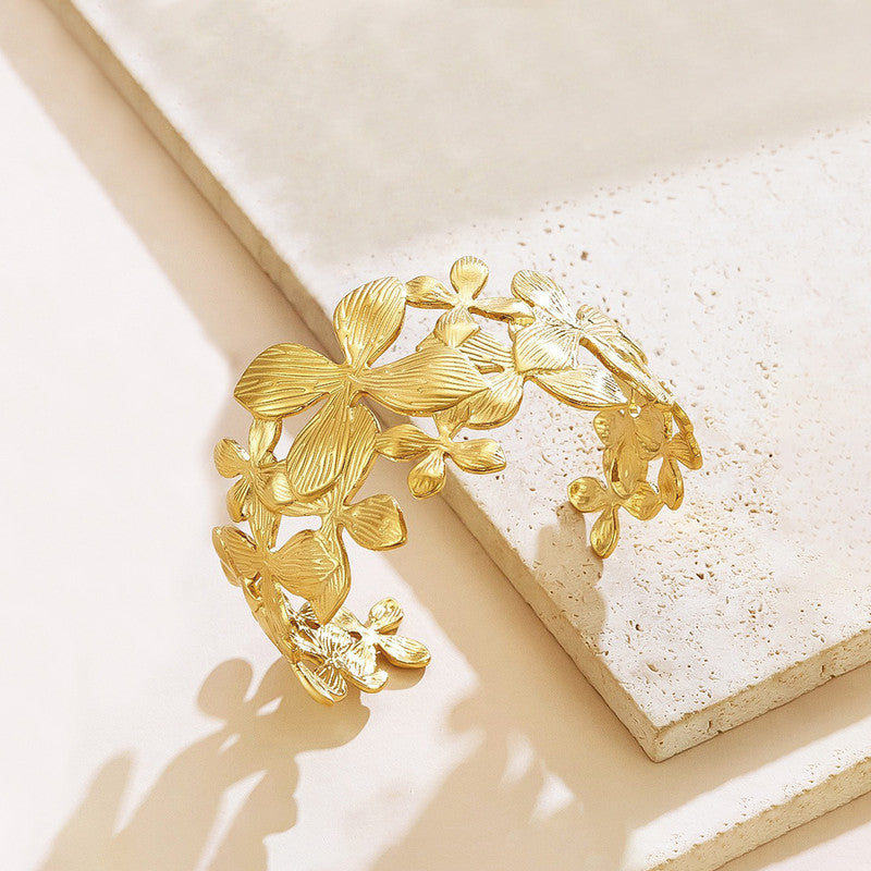 Gold Stainless Steel Floral Themed Cuff Bracelet