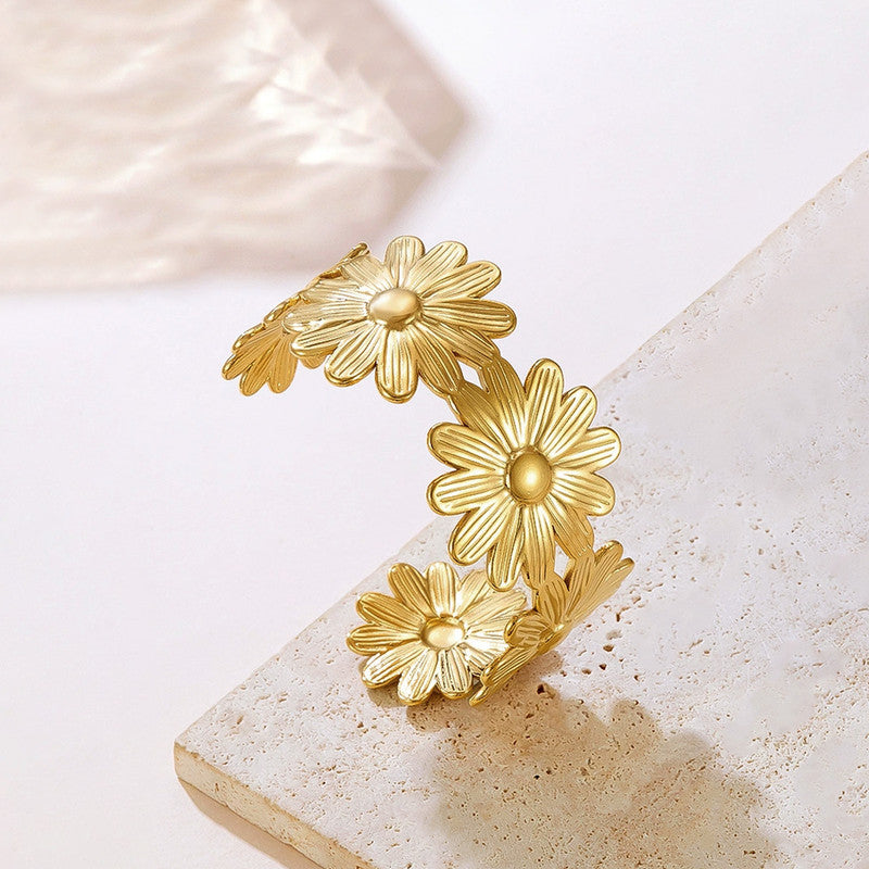Gold Stainless Steel Floral Themed Cuff Bracelet
