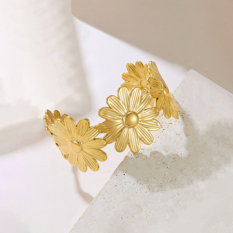 Gold Stainless Steel Floral Themed Cuff Bracelet