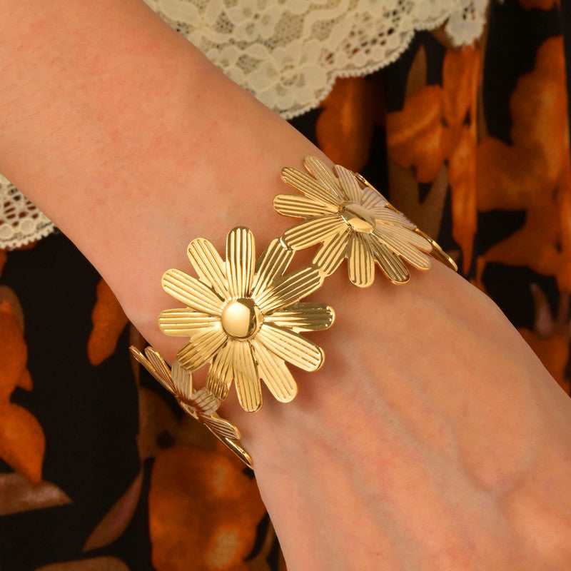 Gold Stainless Steel Floral Themed Cuff Bracelet