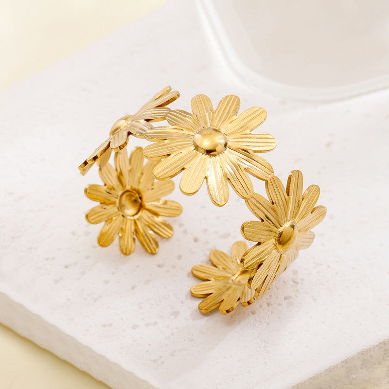 Gold Stainless Steel Floral Themed Cuff Bracelet