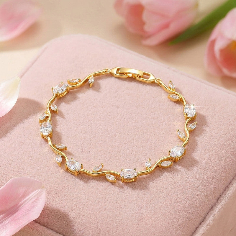 Gold Plated White Stones Studded Anti Tarnish Tulip Bracelet