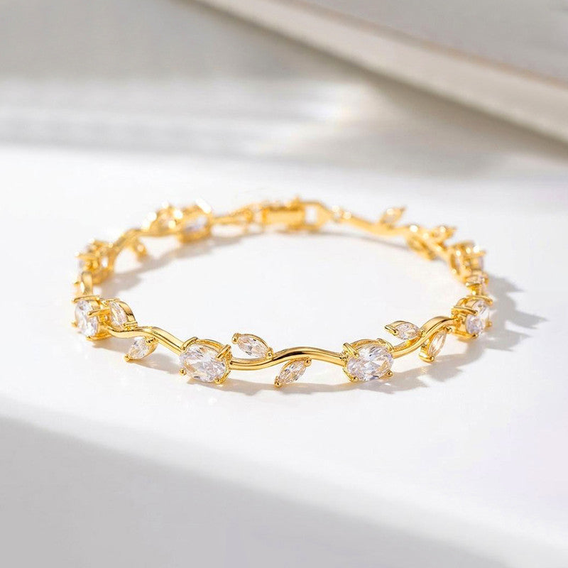 Gold Plated White Stones Studded Anti Tarnish Tulip Bracelet