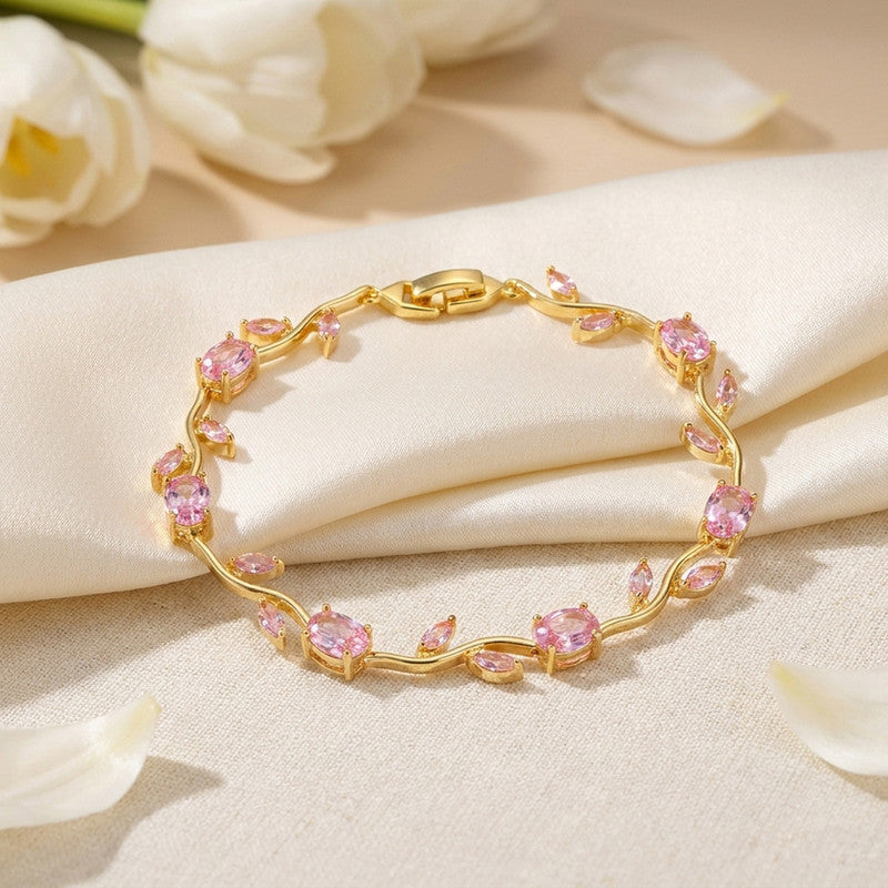 Gold Plated Pink Stones Studded Anti Tarnish Tulip Bracelet