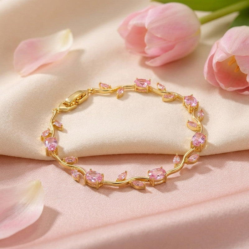 Gold Plated Pink Stones Studded Anti Tarnish Tulip Bracelet