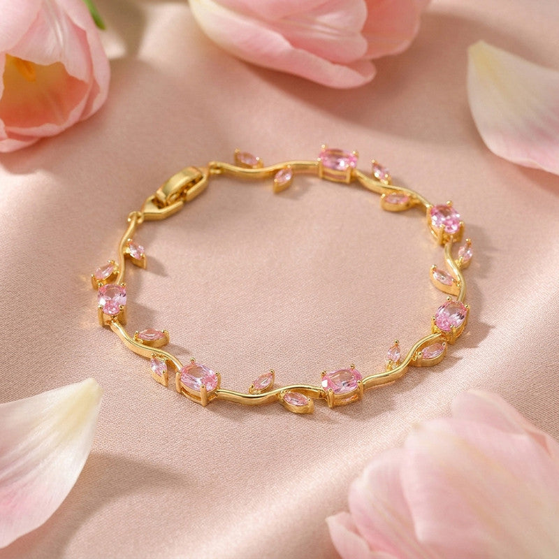 Gold Plated Pink Stones Studded Anti Tarnish Tulip Bracelet