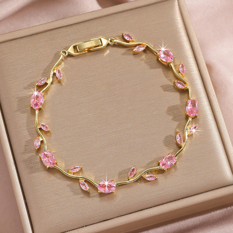 Gold Plated Pink Stones Studded Anti Tarnish Tulip Bracelet