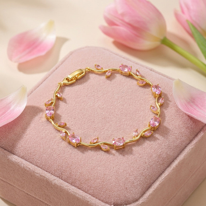 Gold Plated Pink Stones Studded Anti Tarnish Tulip Bracelet