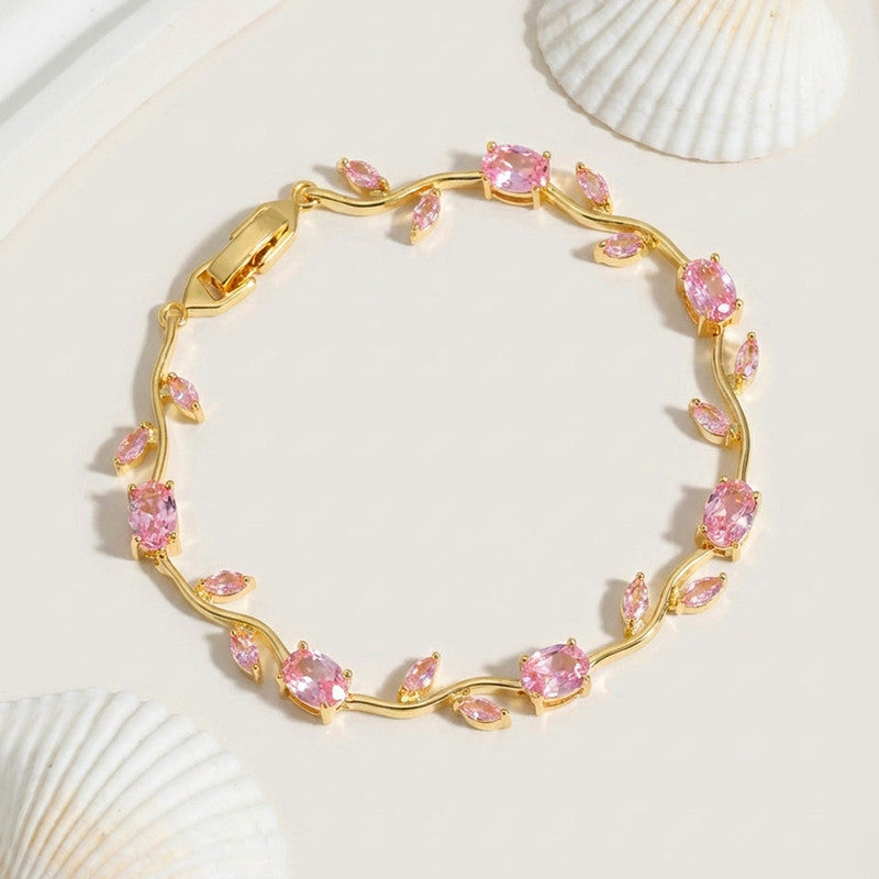Gold Plated Pink Stones Studded Anti Tarnish Tulip Bracelet