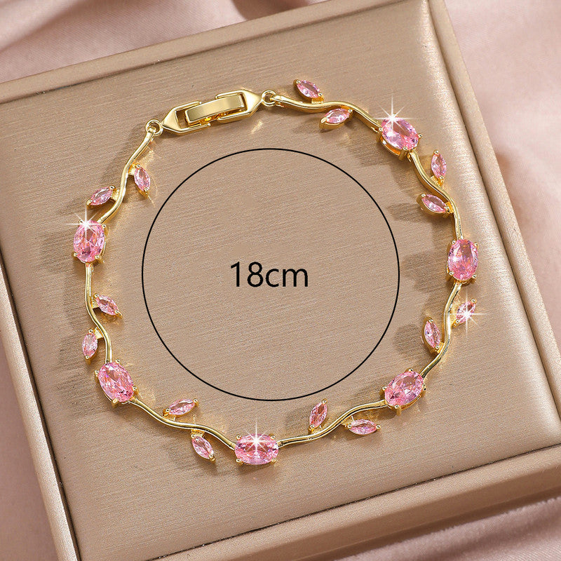 Gold Plated Pink Stones Studded Anti Tarnish Tulip Bracelet