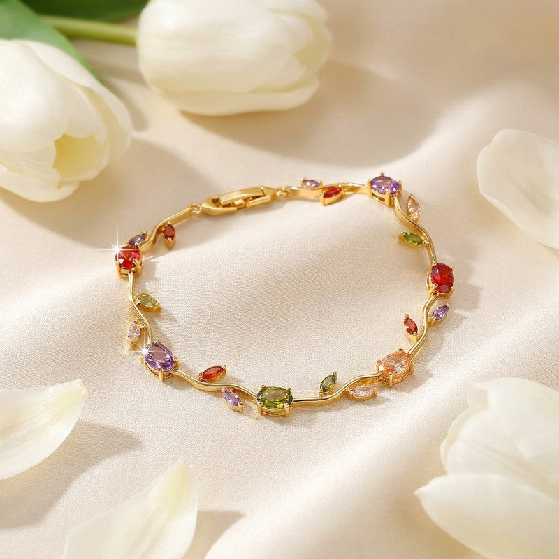 Gold Plated Multicolor Stones Studded Anti Tarnish Tulip Bracelet