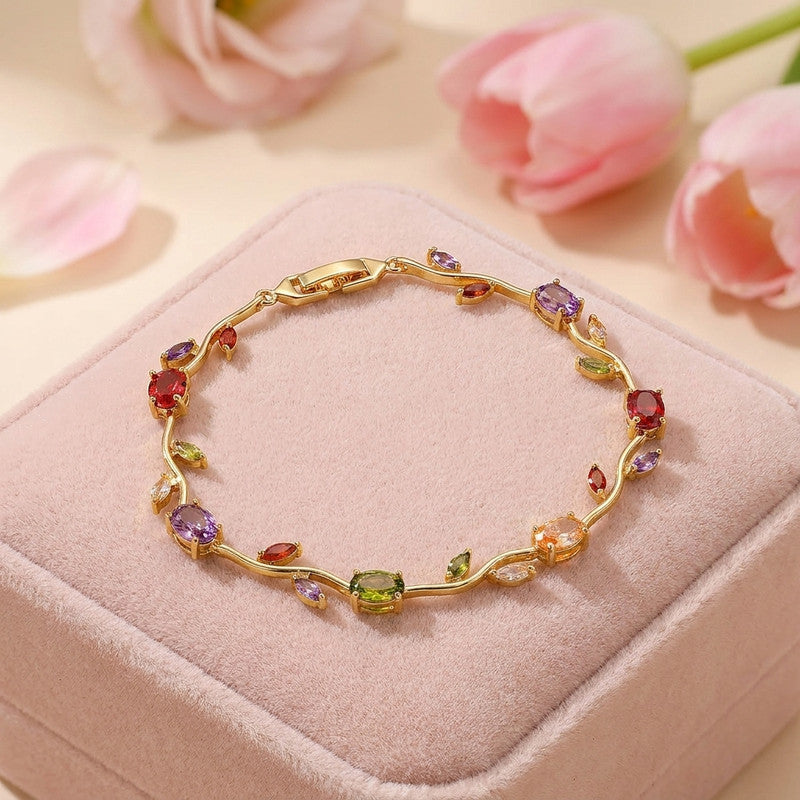 Gold Plated Multicolor Stones Studded Anti Tarnish Tulip Bracelet