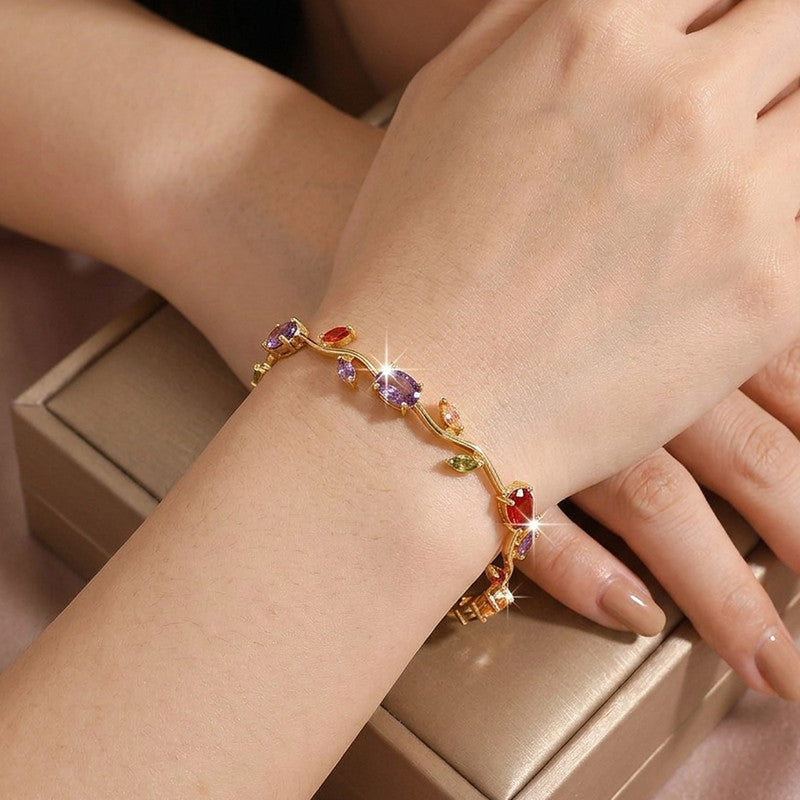 Gold Plated Multicolor Stones Studded Anti Tarnish Tulip Bracelet