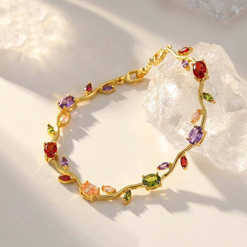 Gold Plated Multicolor Stones Studded Anti Tarnish Tulip Bracelet
