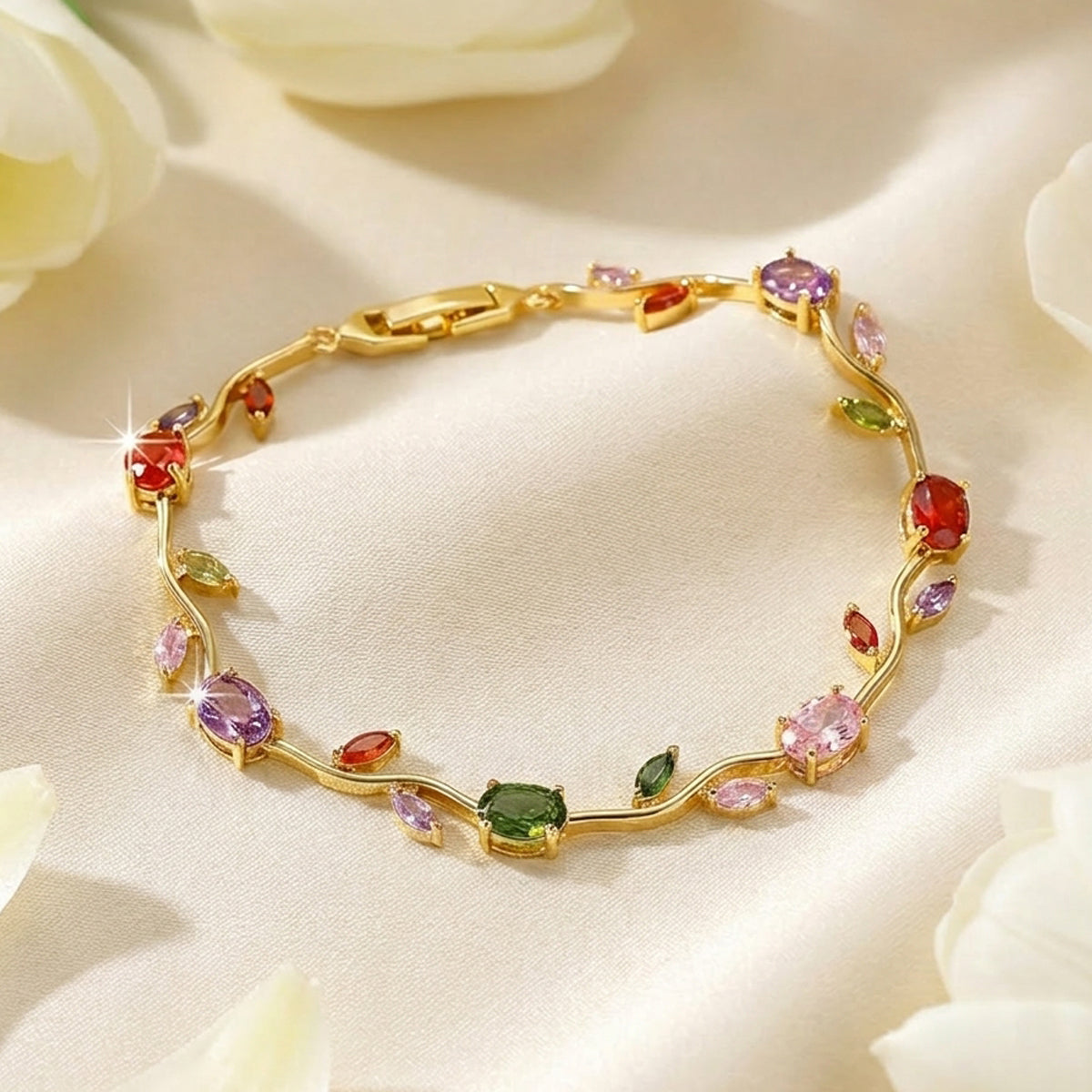 Gold Plated Multicolor Stones Studded Anti Tarnish Tulip Bracelet