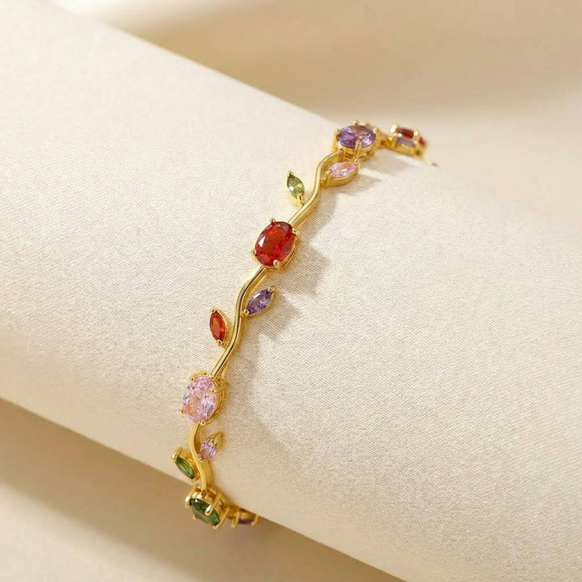 Gold Plated Multicolor Stones Studded Anti Tarnish Tulip Bracelet