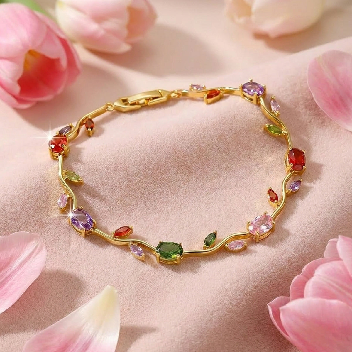 Gold Plated Multicolor Stones Studded Anti Tarnish Tulip Bracelet