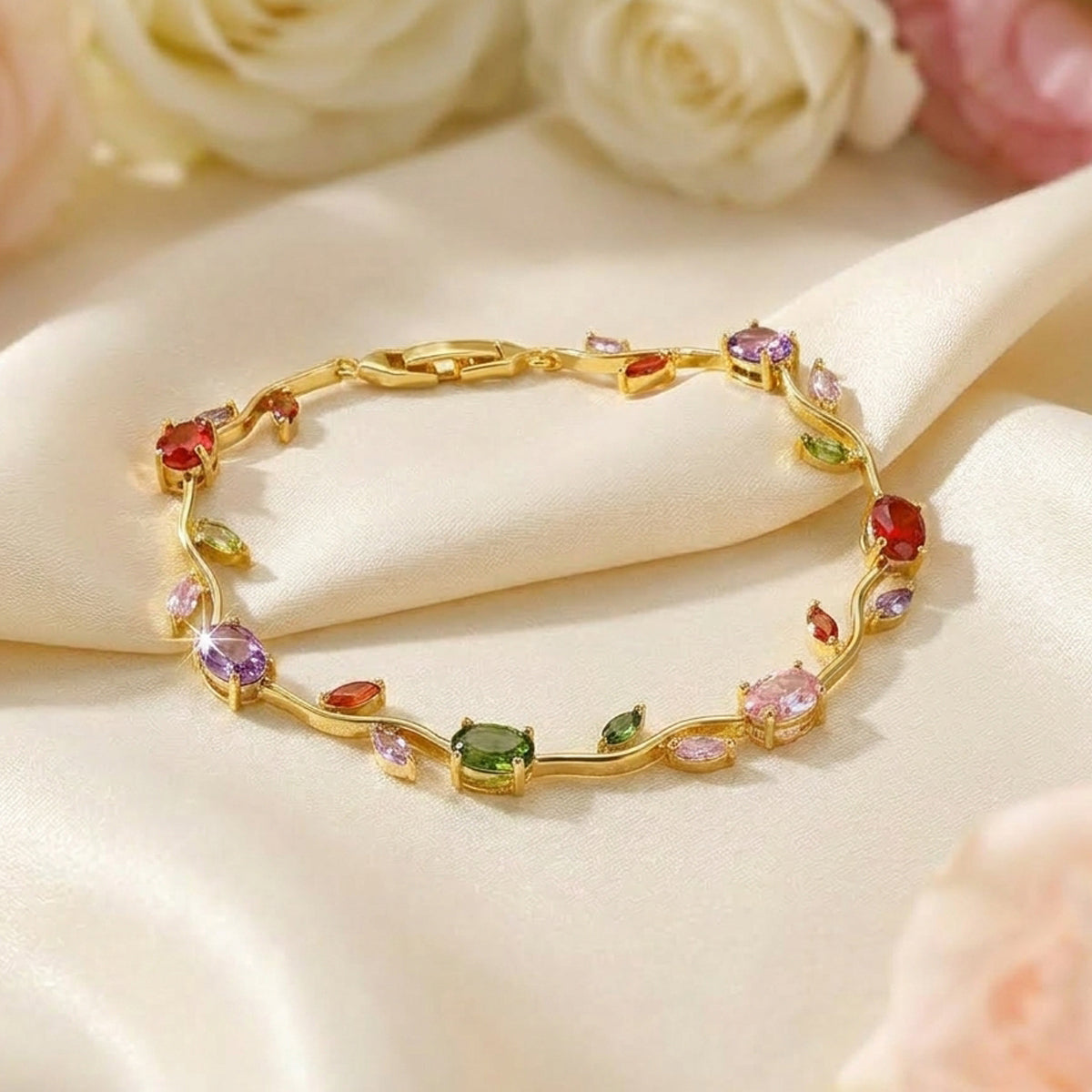 Gold Plated Multicolor Stones Studded Anti Tarnish Tulip Bracelet