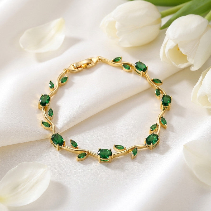 Gold Plated Green Stones Studded Anti Tarnish Tulip Bracelet
