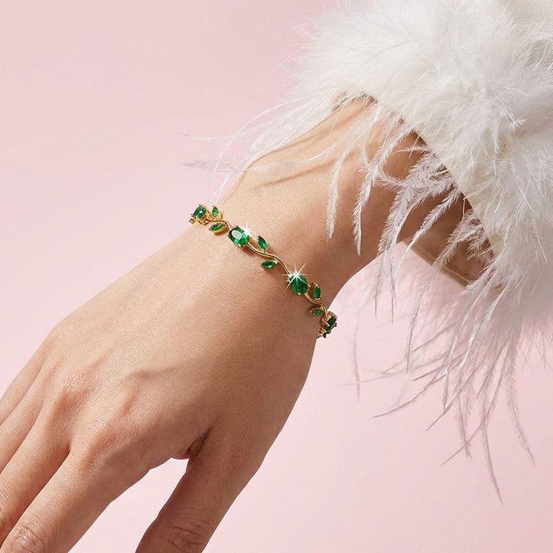 Gold Plated Green Stones Studded Anti Tarnish Tulip Bracelet
