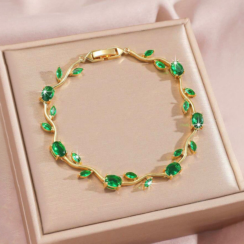 Gold Plated Green Stones Studded Anti Tarnish Tulip Bracelet