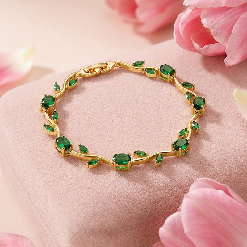 Gold Plated Green Stones Studded Anti Tarnish Tulip Bracelet