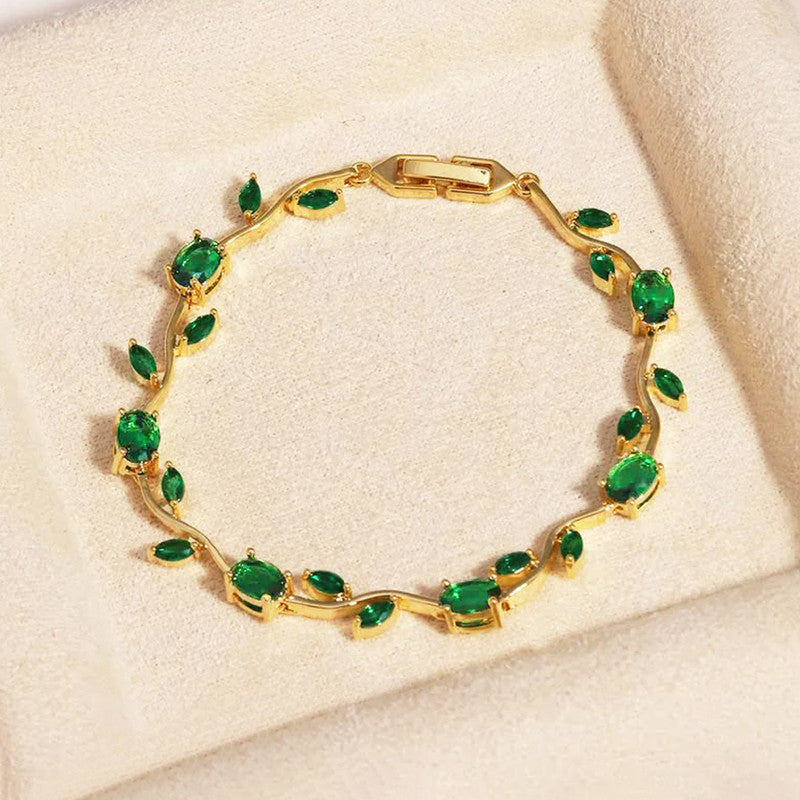 Gold Plated Green Stones Studded Anti Tarnish Tulip Bracelet