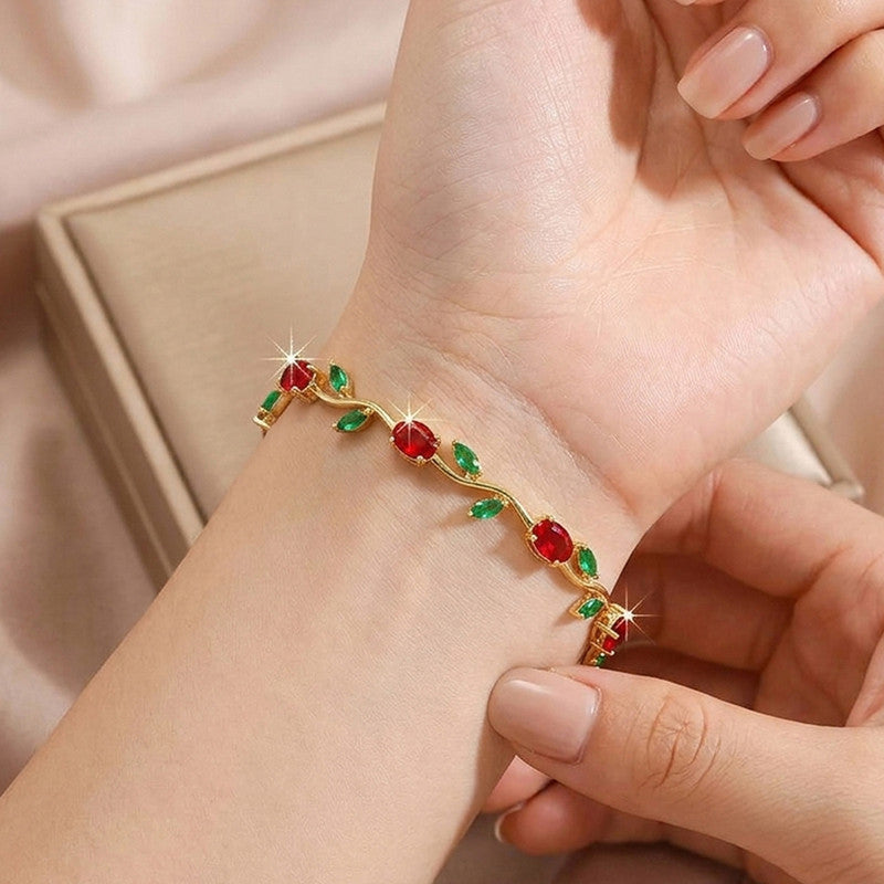 Gold Plated Multicolor Stones Studded Anti Tarnish Tulip Bracelet
