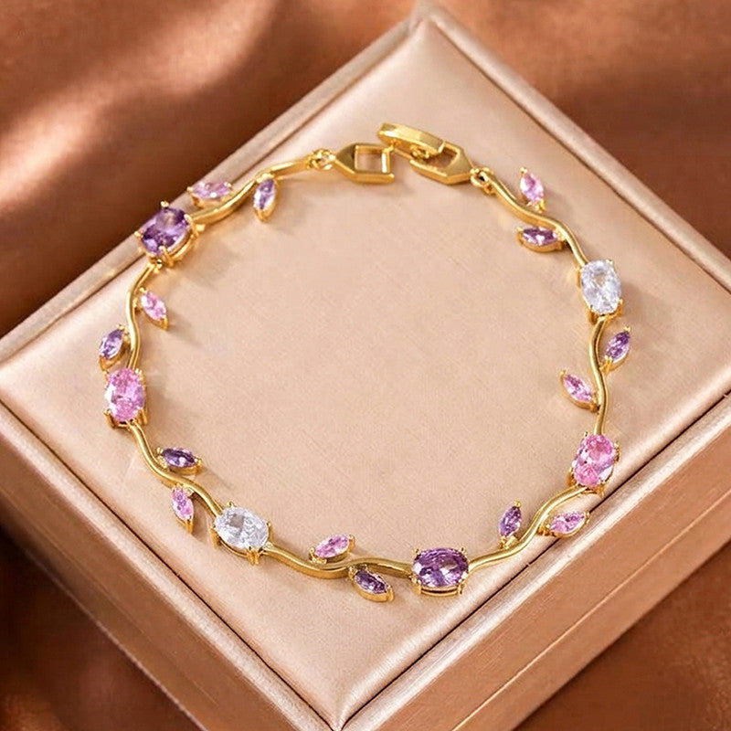 Gold Plated Multicolor Stones Studded Anti Tarnish Tulip Bracelet