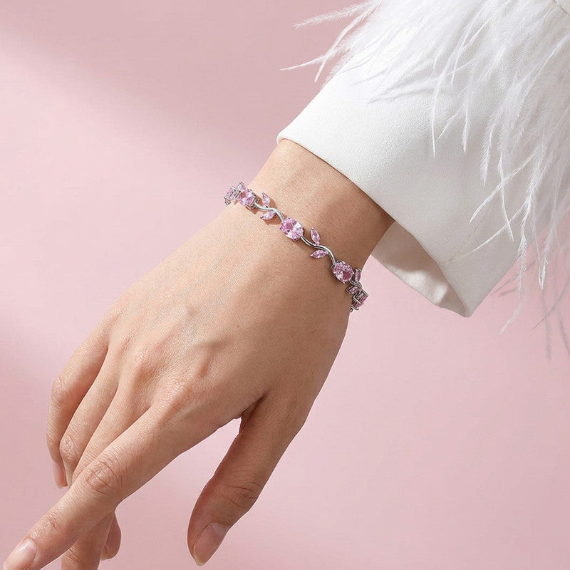 Silver Plated Pink Stones Studded Anti Tarnish Tulip Bracelet